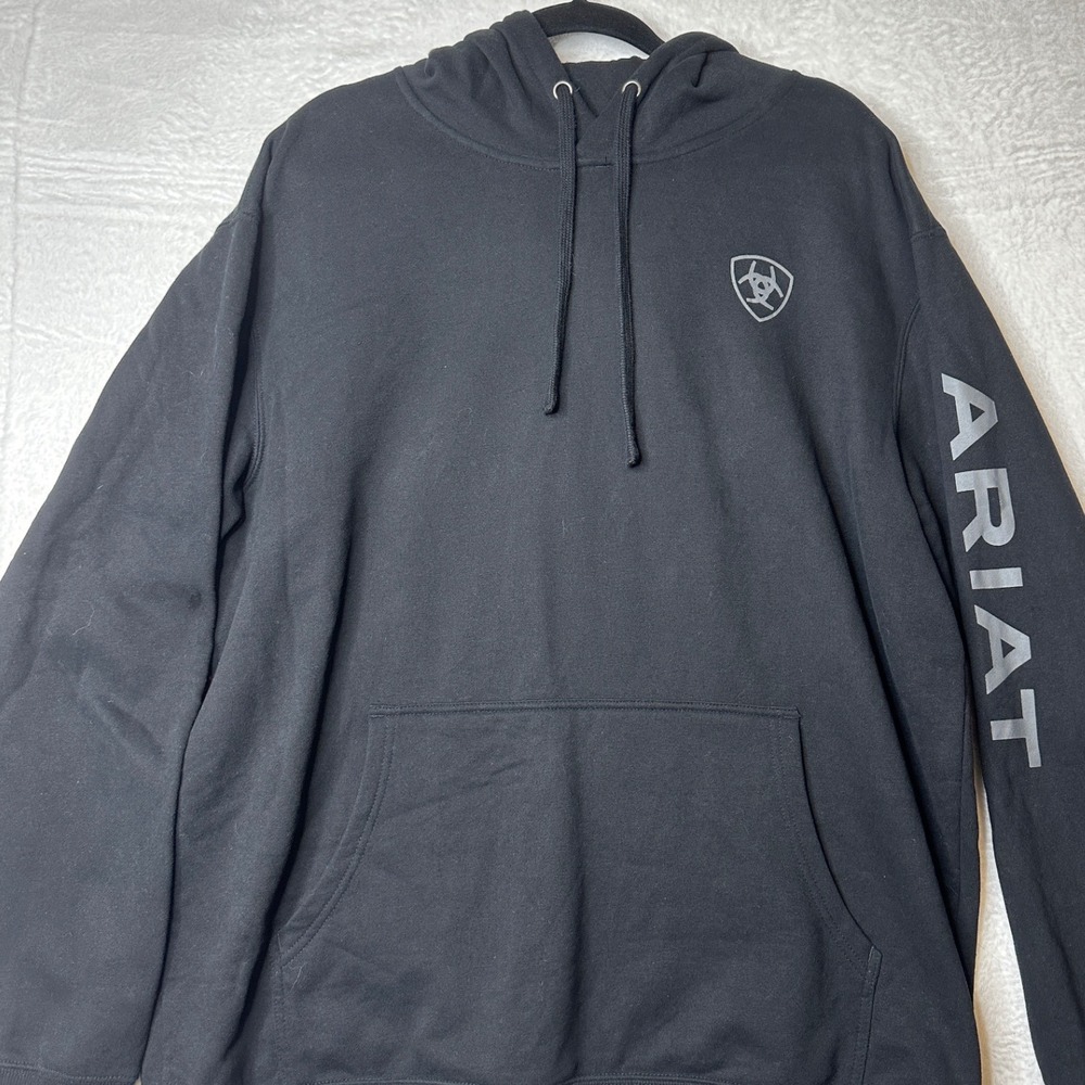 Ariat Mens Logo Hoodie Black Fleece Sweatshirt XL Tall XLT Sleeve Graphic